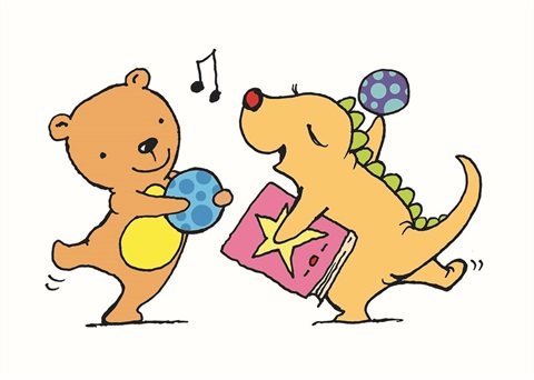 Stephen Michael King drawing for Baby Rhyme Time. Teddy and dragon dancing.jpg
